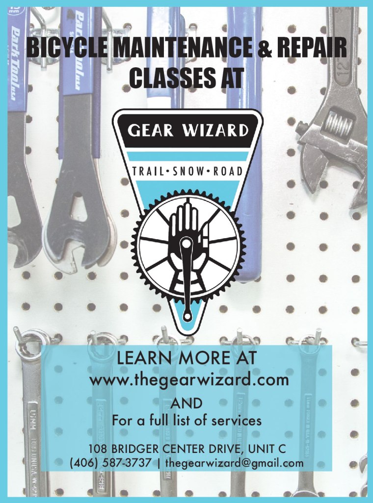 Flyer for the Gear Wizard with a picture of tools, the graphic for the Gear Wizard and information about a bike maintenance class.