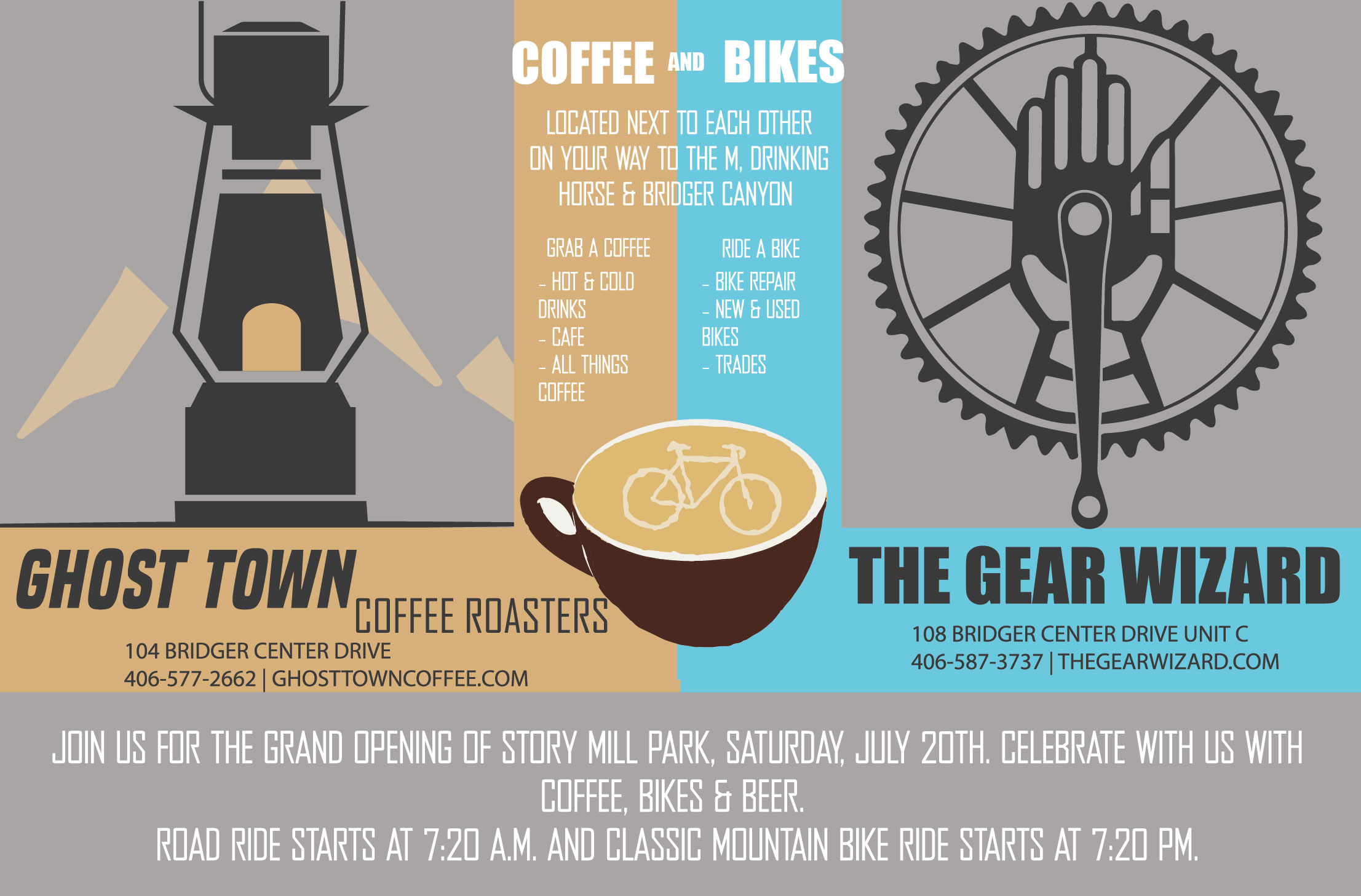 Flyer for an event hosted by the Gear Wizard and Ghost Town Coffee Roasters. Flyer includes logo for both businesses and a graphic of a coffee mug and bike.