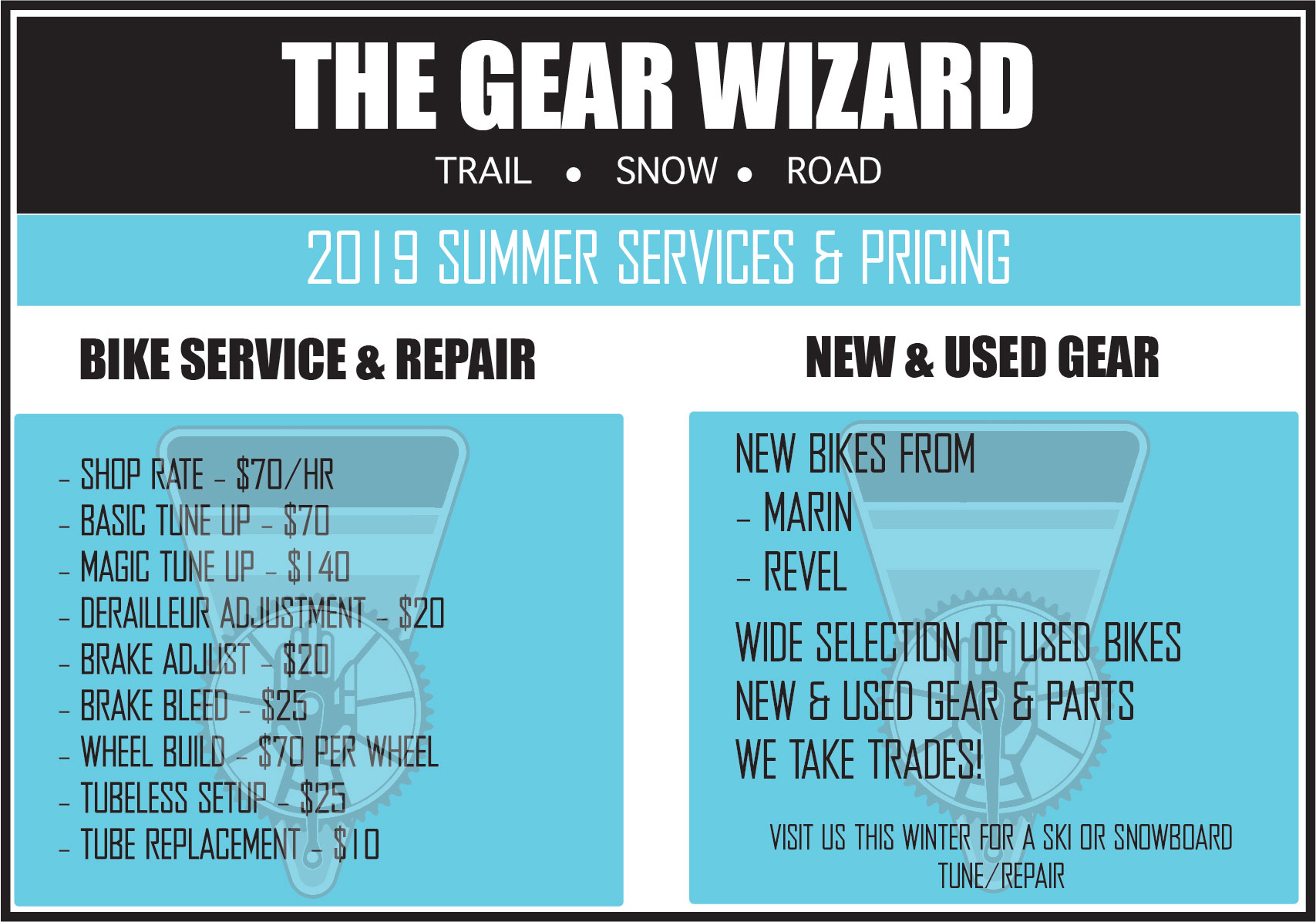 Information card for the Gear Wizard with information about bike service and repair. 