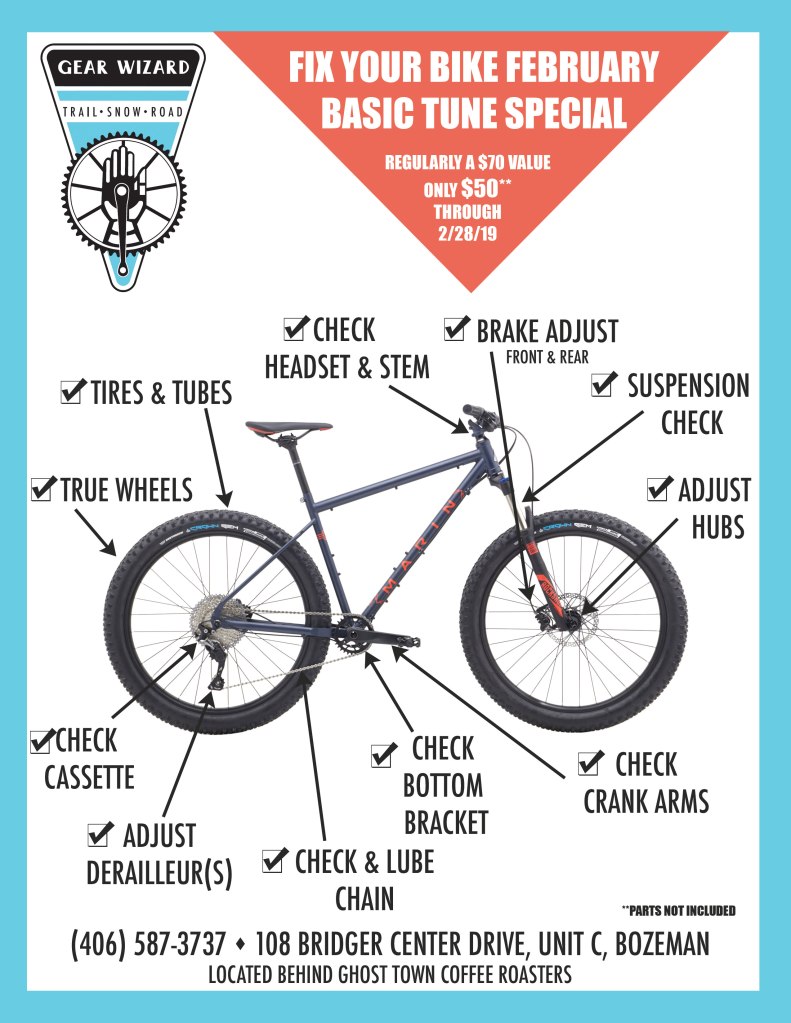 Flyer for the Gear Wizard with a bike that has arrows pointing to parts of the bike that are included in the basic tune.