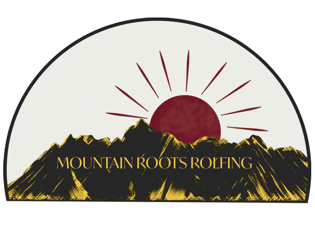 Graphic of mountains, a sun and text that reads, Mountain Roots Rolfing. 