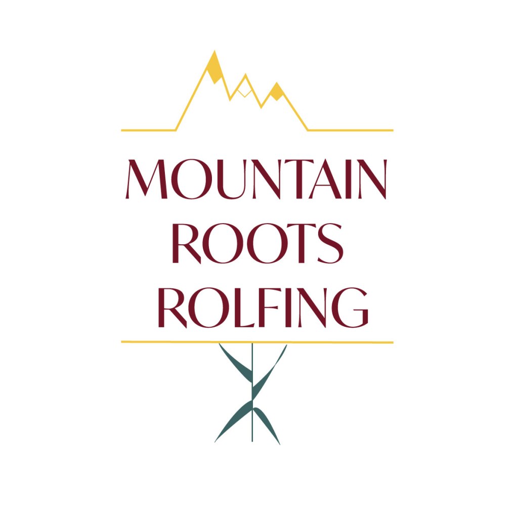 Graphic with three mountains at the top, in the middle text that reads, Mountain Roots Rolfing and below text green roots. 