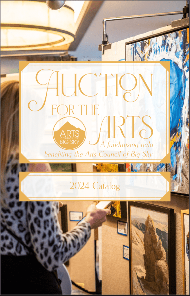Screenshot of the cover of the Auction for the Arts 2024 Catalog. The image is of a person looking at art on panels.